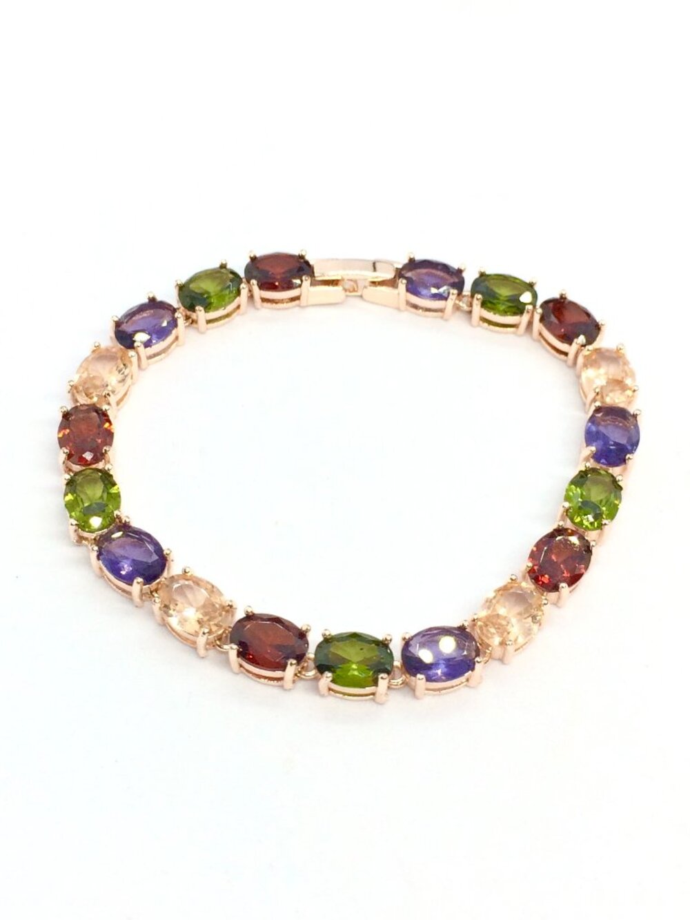 MULTICOLOR RHINESTONE BRACELET Tennis Oval Crystal Rose Gold Tone 7 Inch